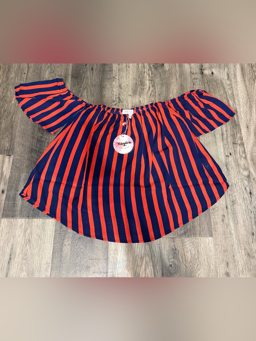 NWT Hayden Los Angeles Navy Blue Orange Striped Off The Shoulder Top S